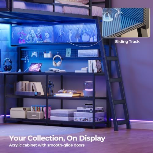 ADORNEVE Gaming Loft Bed Full Size with U-Shaped Desk & RGB Cabinet, Black