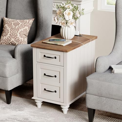 WAMPAT Side Table with Charging Station, Farmhouse Nightstand, Off White