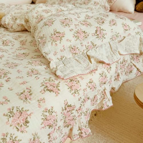 Toddler Girls Pink Floral Duvet Cover with Ruffles,No Pillow,47"x59"