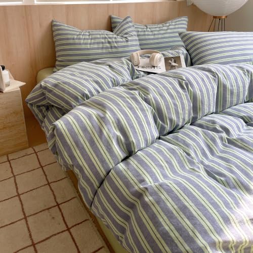 AOJIM Striped Duvet Cover Queen 100% Washed Cotton 3-Piece Vintage Bedding