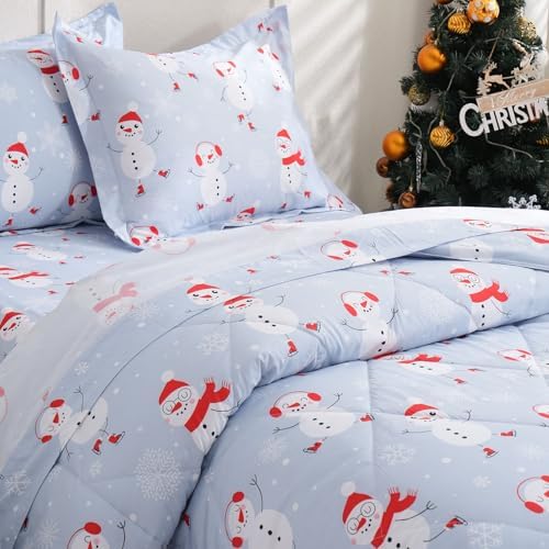 JSD 3 Piece Blue Snowman Snowflakes Kids Christmas Comforter Set Full Size