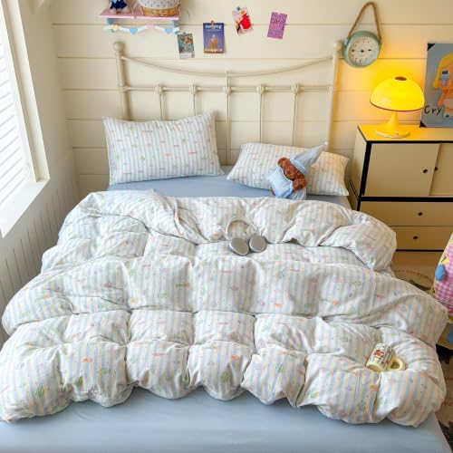 Boys Fish Duvet Cover Set Muslin Cotton,Queen(90"x90"),Blue Striped