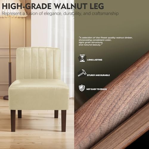 VIRRMO Armless Accent Chairs Set of 2 Upholstered Dining Chairs Living Room Chairs with Solid Wood Legs Bedroom Chair Leather Reading Chair Comfy Chair for Bedroom Vanity Kitchen (Beige)