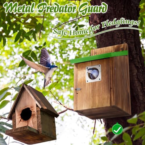 Dreyoo 4 Pack Bluebird Houses for Outside with Metal Predator Guard, 1-1/2" Entrance Hole Wooden Blue Bird Houses for Outdoors, Bluebird Nesting Box (Green Roof, Burnt Wood Body)