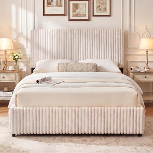 GIANTEX Queen Size Lift Up Storage Bed, Modern Corduroy Upholstered Platform w/Wingback Headboard, Hydraulic Support, Queen Bed Frame with Storage, No Box Spring Needed (Beige)