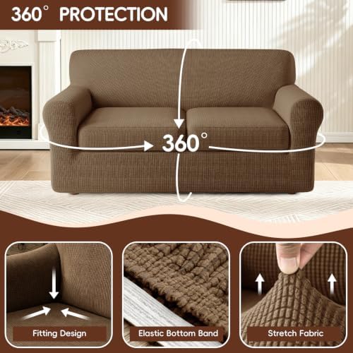 3 Pieces Stretch Sofa Covers for 2 Cushion Couch Loveseat Cover Decorative Slipcovers Non Slip Washable Furniture Protector with Individual Seat Cushion for Pets,(Medium, Coffee)