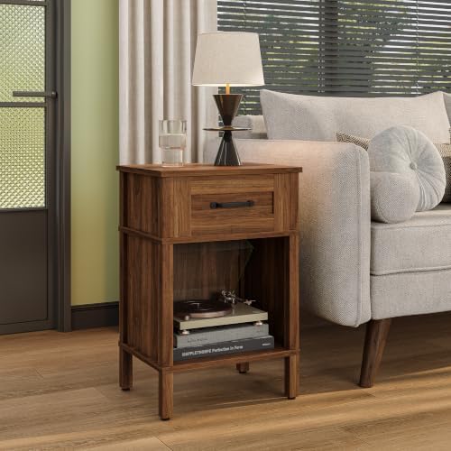 Farmhouse Nightstand with Drawer, Small Wood Bedside Table, Rustic Side Table, Modern End Table with Drawer, Retro Wooden Red Brown Night Stand for Bedroom