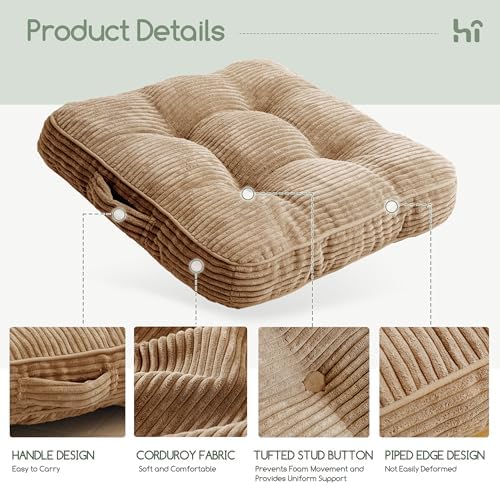 HIGOGOGO Floor Pillow Cushion for Adults, Meditation Cushion Pillow, Large Square Floor Sitting, Tufted Corduroy Cover, for Tatami Living Room or Yoga, 22x22 Inch, Coffee