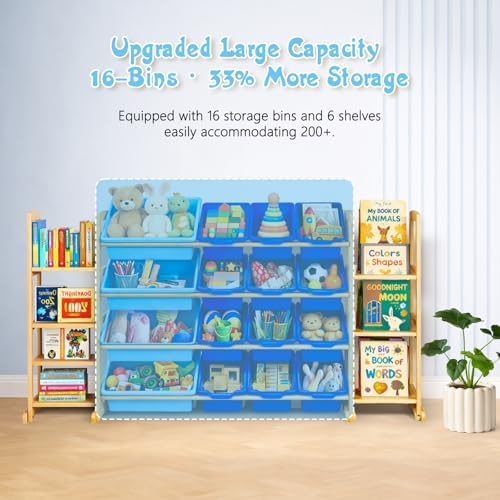 Kids Toy Storage Organizer with Bookshelf – Wooden Shelf with 16 Bins & 6 Shelves, Quick Assembly Storage Rack for Playroom, Bedroom, Nursery - Blue