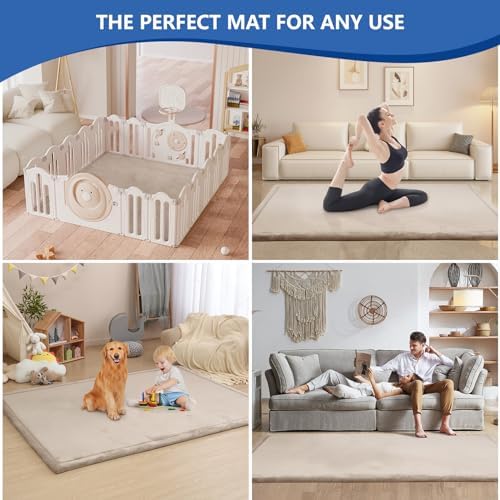 Baby Play Mat for Floor,1.3" Thick Elasti Foam Tummy Time Mat,79"×158“ Extra Large Soft Coral Velvet Nursery Rug,Non Slip Safe for Crawling,Toddlers,Infants,kids,Tatami Style for Living Room,Classroom,Playroom(Beige)