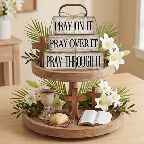 Yuntau 4 Pcs Christian Wooden Block Sign Pray Verse Tiered Tray Decor