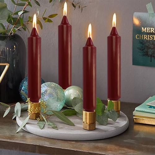 NJAO HOO Burgundy Short Taper Candle 7 Inch Christmas Candlesticks Red Unscented Dripless for Home Dinner Decor Halloween Party, 4 Pack