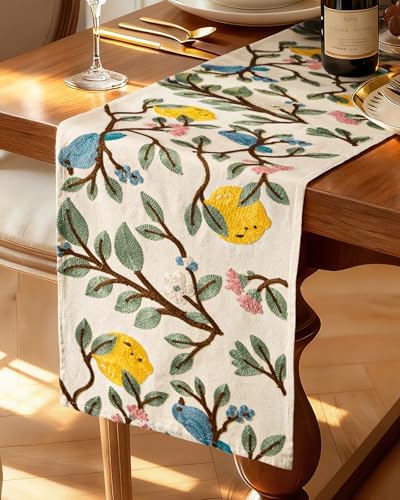 Canvas Embroidered Narrow 13"x 60" Table Runner, Lemon Bird