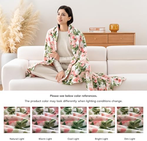 Luxury Printed Fleece Warm Throw Blanket, Soft Lightweight Velvety Plush Throw for Couch and Bed, Cozy Comfy for All Seasons(Ivory Pink Flowers, 50×70 Inches)