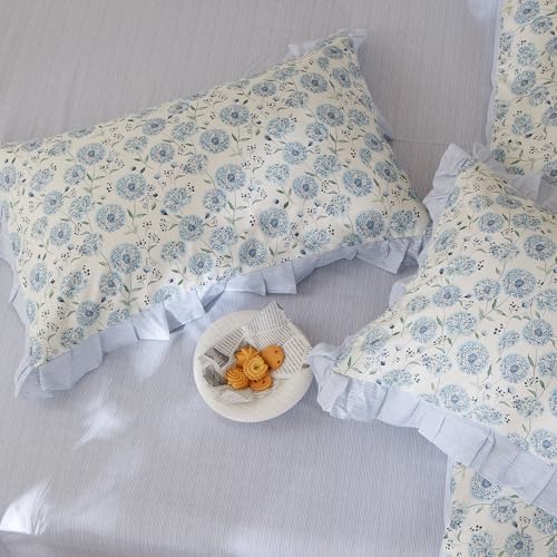 Blue Floral Duvet Cover King Size - 100% Cotton Dandelion Flower Comforter Cover with Romantic Ruffle Lace, Coquette Aesthetic Floral Bedding Set Wildflower Botanical Duvet Cover with Zipper Closure