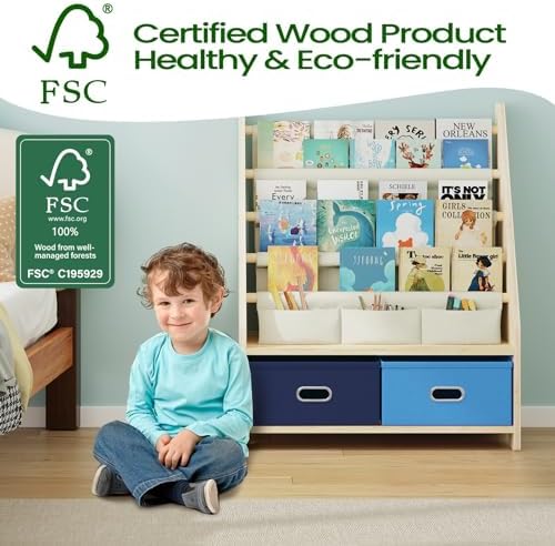 EXPERLAM 4 Tier Kids Bookshelf with Storage Bins, Solid Wood Toddler Book Shelf and Toy Organizer, Sling Book Rack for Kids Room, Nursery, Playroom, Blue