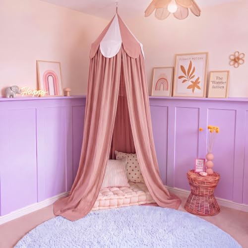 Bed Canopy with Scalloped Edge, 2 Panel Striped, Light Orange