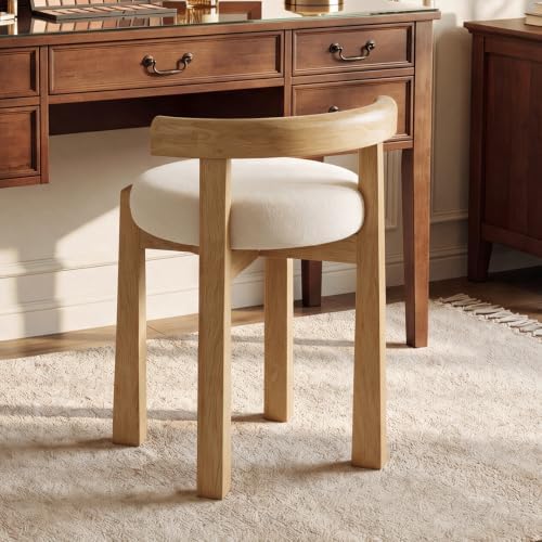 Wood Vanity Stool with Faux Wool Cushion, Upholstered Makeup Chair with Solid Wood Frame, Round Vanity Stool Seat for Makeup Room, Bedroom, Living Room, 20-Minute Assembly, Oak