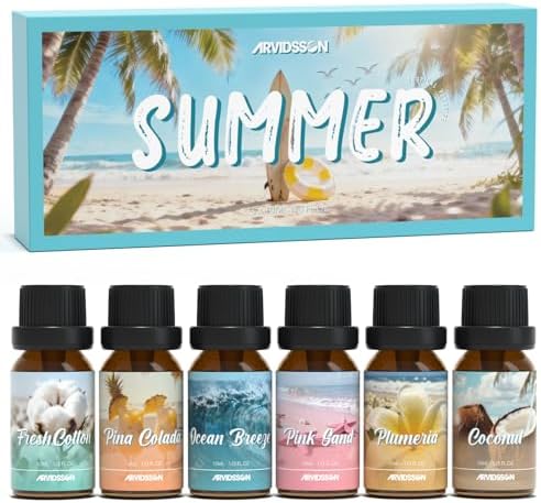 ARVIDSSON Summer Essential Oils Set, Tropical Fragrance Oil for Diffuser, Soap and Candle Making - Ocean Breeze, Pina Colada, Fresh Cotton, Pink Sand, Plumeria, Coconut, Scented Oil for Home