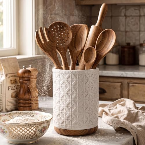 Boho Kitchen Decor Ceramic Utensil Holder with Wooden Base, Checkered Utensils Holder for Farmhouse Indoor Decorations, Utensil Crock for Kitchen Counter Utensil Organizer for Spatula & Spoon