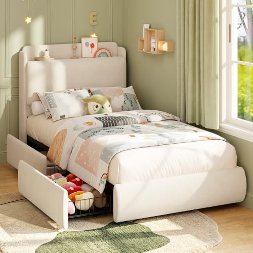 Garvee Twin Size Bed Frame with Shelf & Drawers for Kids- Beige
