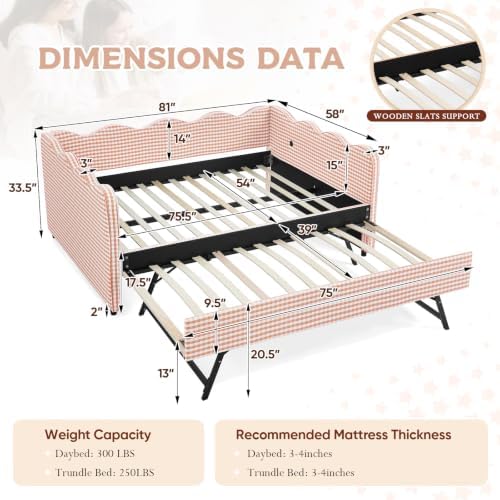 Full Size Daybed with Pop Up Trundle, Linen Gingham Full to King Daybed with USB Ports, Upholstered Day Bed Frame, Modern Sofa Bed for Living Room/Bedroom/Guest Room, No Box Spring Needed, Pink
