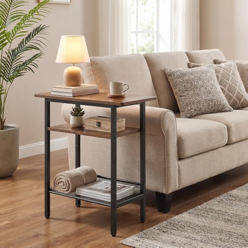 HOOBRO Side Table, Narrow End Table with Shelf and Wide Storage Tabletop, 3-Tier Bedside Tables for Small Spaces for Living Room, Bedroom, Study, Rustic Brown and Black BF366BZ01