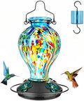 Hand Blown Glass Hummingbird Feeders for Outdoors Hanging, 24oz Wild Bird Nectar Feeder with Ant Moat and Perch, Bee-Resistant Ports, Garden Decor, Gifts for Women Mom, 1 Pack, Blue Fireworks