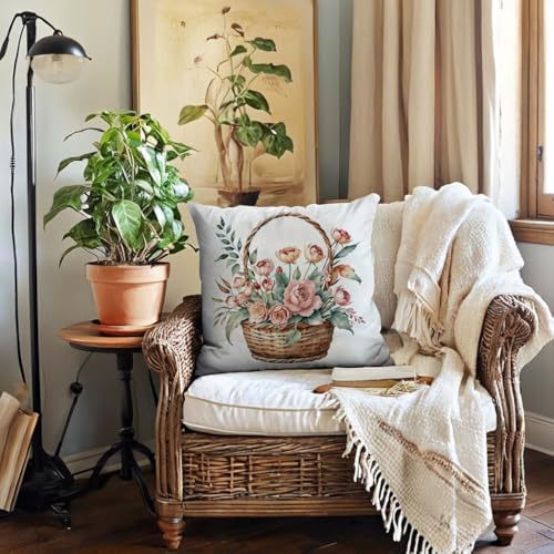 7COLORROOM 2Pack Pink Flower Pillow Covers Outdoor Garden Decoration Cushion Covers Farmhouse Rustic Colorful Spring Flower Home Décor Pillowcases 18x18 inch for Patio Sofa Bed(Pink/Blue,)