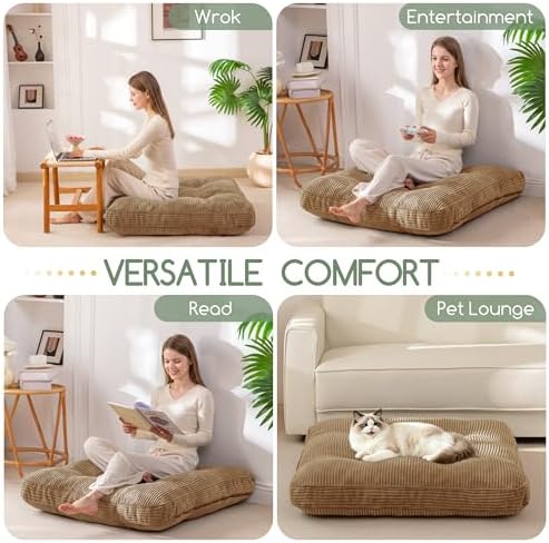 HIGOGOGO 35" Floor Pillow Cushion for Adults, Meditation Cushion Pillow, Extra Large Square Floor Sitting, Tufted Corduroy Cover for Tatami Living Room or Yoga, Coffee