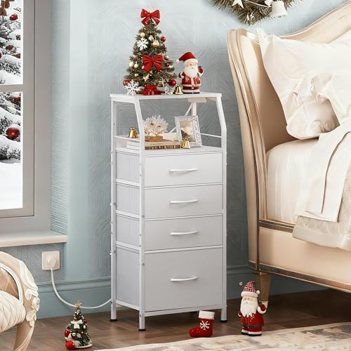 WLIVE Night Stand with Charger Station, White Nightstand with LED Light and 4 Storage Drawers, Tall Dresser for Bedroom, 37.48" H Bedside Table with Fabric Bins, Wood Shelf