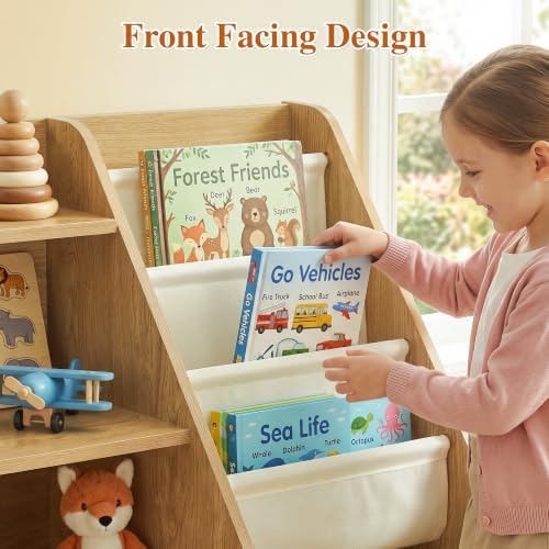 Kids Bookshelf & Toy Storage Organizer, 4‑Tier Sturdy Toddler Book Shelf with Removable Fabric Bins for Classroom, Playroom, Bedroom, 32" W x 16" D x 32" H