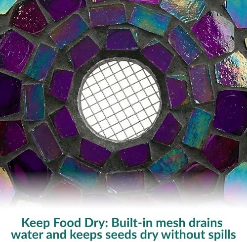 Sunnydaze Mosaic Glass Bird Feeder for Outdoors, Iridescent Purple Mosaic