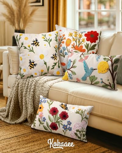 Embroidered Throw Pillow Cover 20x20 Inch, Flower Bee