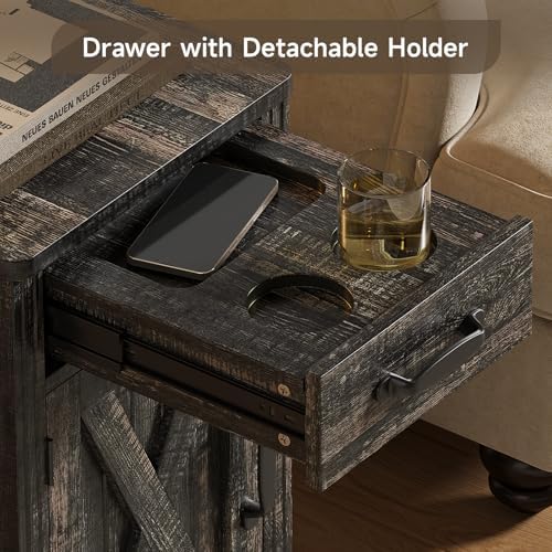 ONBRILL Farmhouse End Table with Charging Station,Dark Brown