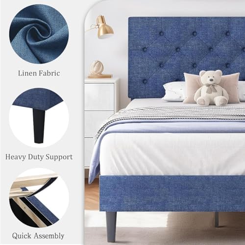 HOMBCK Full Bed Frame with Adjustable Headboard, Blue