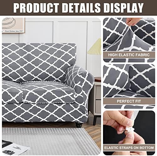 SearchI Stretch Sofa Cover Printed Couch Cover, Floral Pattern 4 Pieces Sofa Slipcover with 3 Separate Cushion Cover, Washable Furniture Protector for Living Room(Sofa, Gray+White)