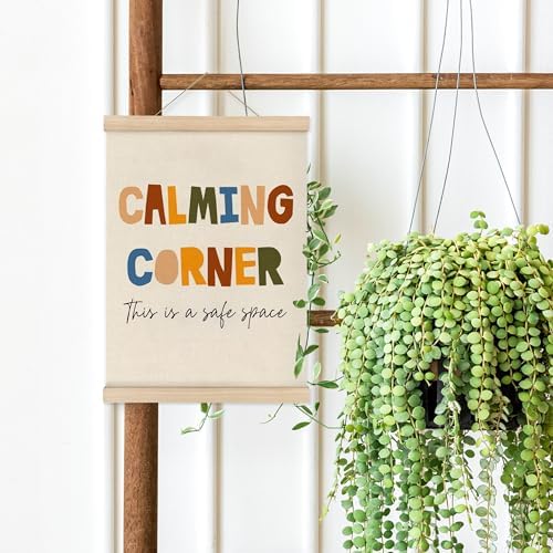 MAQIKA Calming Corner Mental Health Poster Framed with Wood Hanger, Therapy Office Hanging Wall Decor, Safe Space Sign Canvas Wall Art Paints for Therapy School Counselor Office Classroom, 12x16 Inch