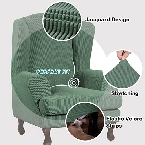 Turquoize Wingback Chair Covers 2 Piece Wing Chair Slipcover Stretch Slipcovers for Wingback Chairs Wing Chair Cover Spandex Jacquard Fabric with Elastic Bottom Non-Slip Furniture Cover, Loden Frost