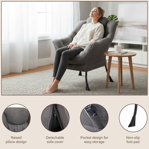 Welnow Lazy Chair for Adults，Modern Reading Accent Chair,Dark Grey Single