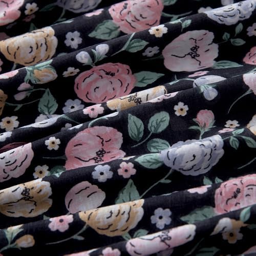 Bedding Fitted Sheet with Deep Pocket,Colorful Floral Printed Fabric Bed Sheets(Black Flower,Twin)