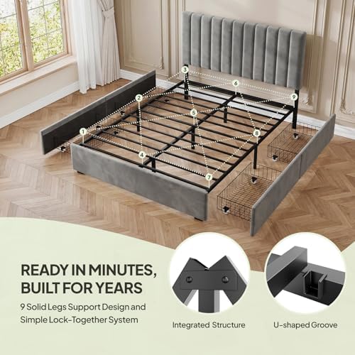 Welzona Full Size Upholstered Bed Frame with Headboard & 4 Drawers, Grey