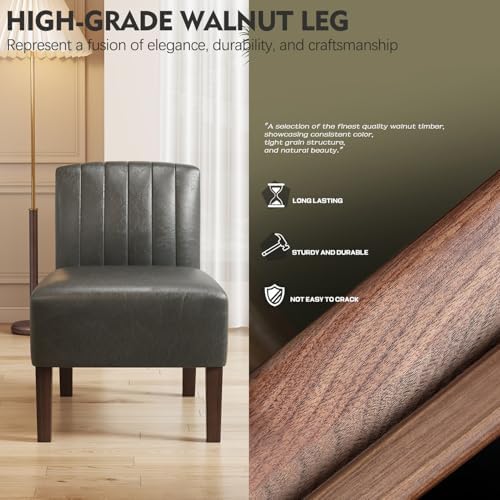 Armless Accent Chairs Upholstered Dining Chairs Living Room Chairs with Solid Wood Legs Leather Reading Chair for Adults Comfy Chair for Bedroom Vanity Kitchen (Grey)