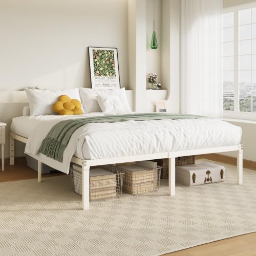 Allewie Full Size Bed Frame, 14 inch Metal Beds with Storage Space, Beige
