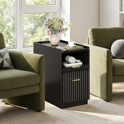 iPormis Fluted Narrow End Table Set of 2 with Charging & 2 Drawers, Black
