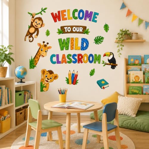 Zoo Animal Wall Stickers PVC Jungle Animal Wall Decals Tiger Elephant Giraffe Lion Monkey Peel and Stick Wall Decor for Nursery Playroom Bedroom Classroom Kindergarten