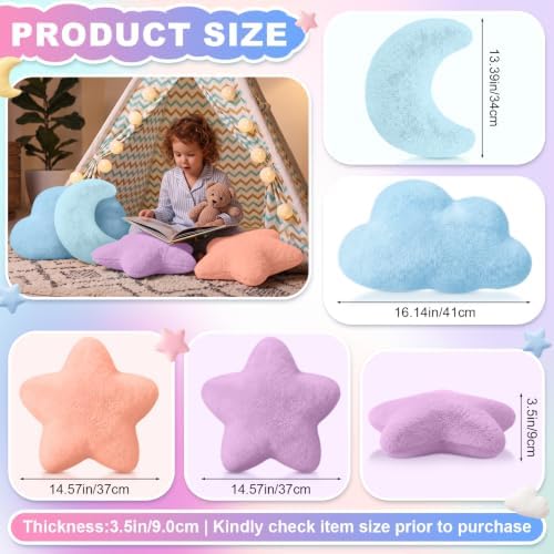 4 Pcs Plush Cloud Star Moon Throw Pillow Set, Mint, Blue, Purple, Pink