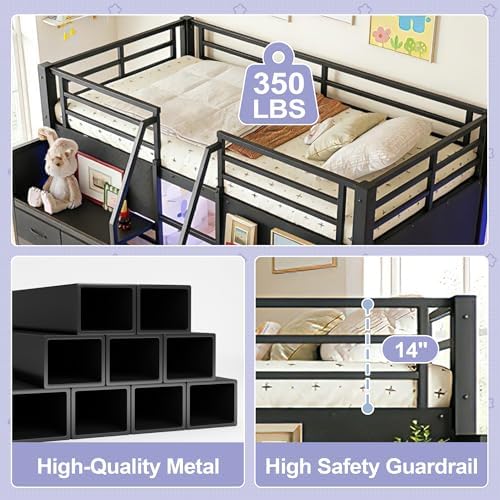 Bellemave Low Loft Bed Twin Size with Storage Shelves & Fabric Drawers, Metal Twin Loft Bed for Kids with LED Lights & Under-Bed Play Area, Low Loft Bed Frame for Bedroom, No Box Spring Needed, Black