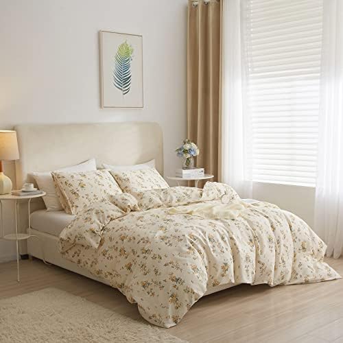 Flower Duvet Cover Set 100% Cotton Full(80"x90"),Yellow Floral