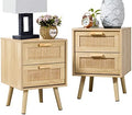 Finnhomy Nightstands Set of 2, Night Stands Set 2 with Hand Made Rattan Decorated Drawers, Nightstand, End Table, Bedside Tables Set of 2 for Bedroom, Natural, 2 Pack